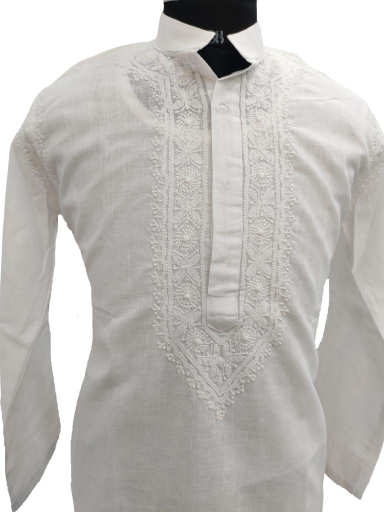 Shyamal Chikan Hand Embroidered White Cotton Lucknowi Chikankari Men's Kurta – S15006