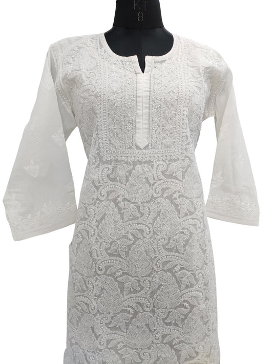 Shyamal Chikan Hand Embroidered White Cotton Lucknowi Chikankari Kurti- S19152