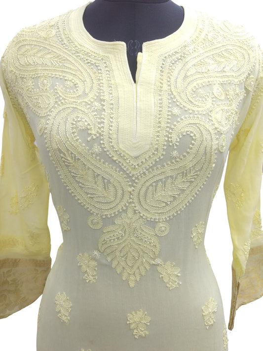 Shyamal Chikan Hand Embroidered Lemon Viscose Georette Lucknowi Chikankari Kurti- S433