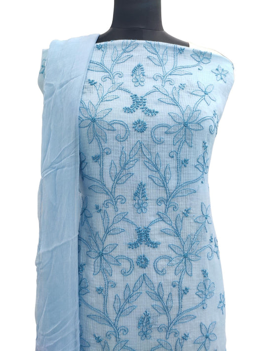 Shyamal Chikan Hand Embroidered Blue Kota Cotton Lucknowi Chikankari Unstitched Suit Piece- S16625