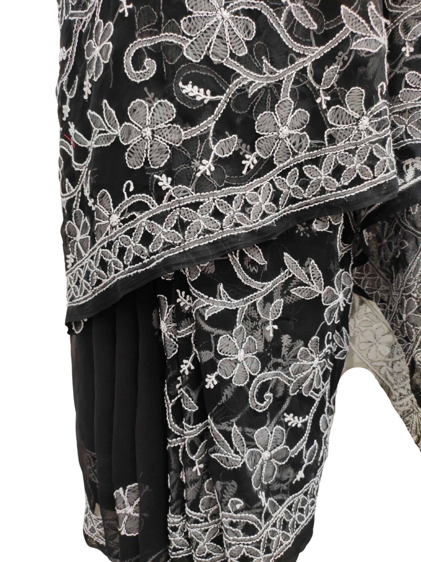 Shyamal Chikan Hand Embroidered Black Georgette Lucknowi Chikankari Shoulder Jaal Saree With Blouse Piece - S11684