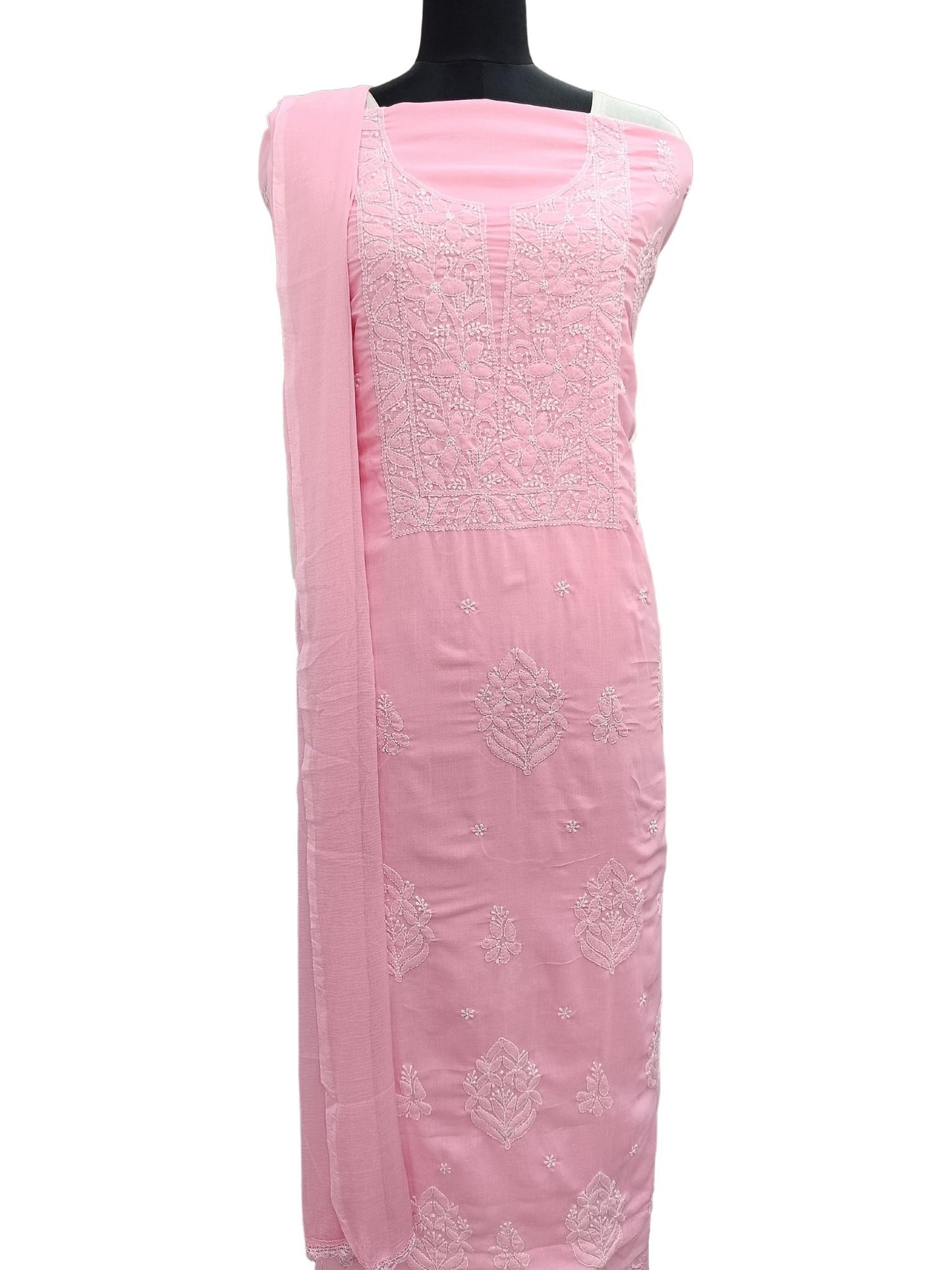 Shyamal Chikan Hand Embroidered Pink Cotton Lucknowi Chikankari Unstitched Suit Piece S19437