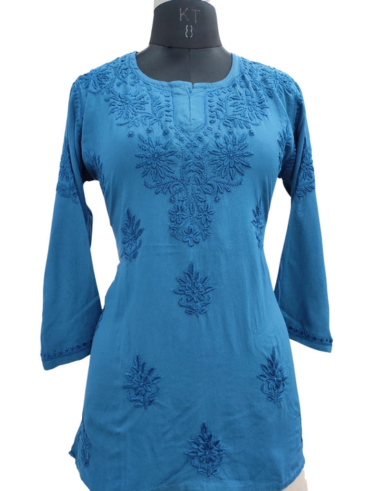 Shyamal Chikan Hand Embroidered Blue Soft Cotton Lucknowi Chikankari Short Top- S19940