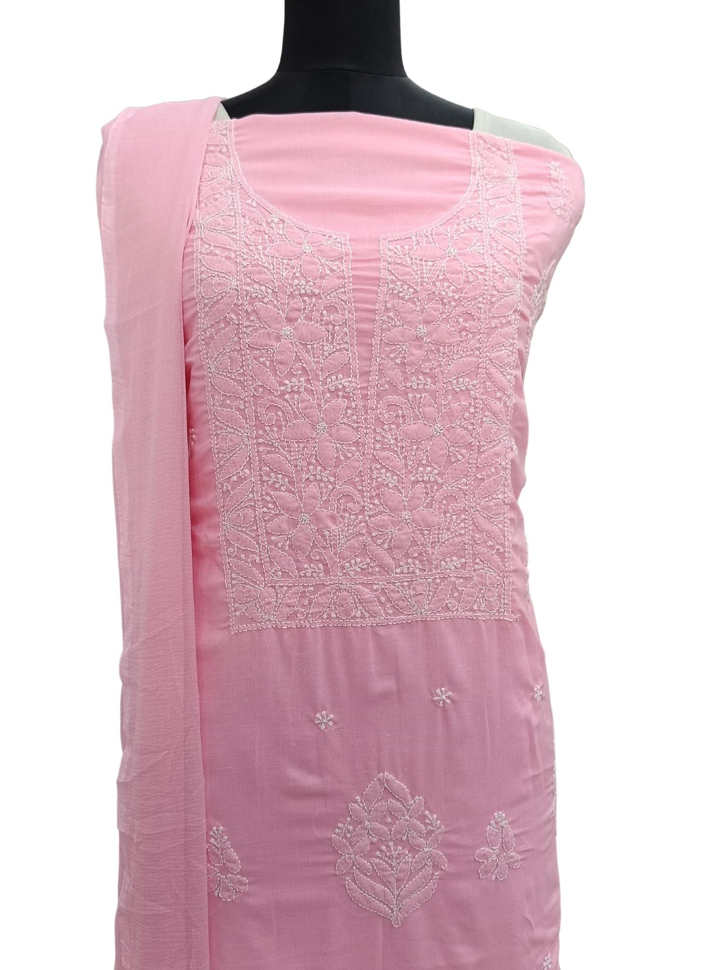 Shyamal Chikan Hand Embroidered Pink Cotton Lucknowi Chikankari Unstitched Suit Piece S19437