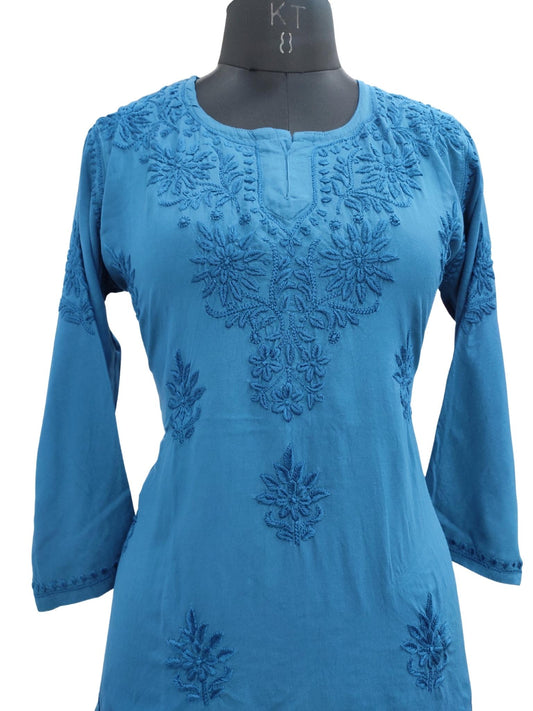 Shyamal Chikan Hand Embroidered Blue Soft Cotton Lucknowi Chikankari Short Top- S19940