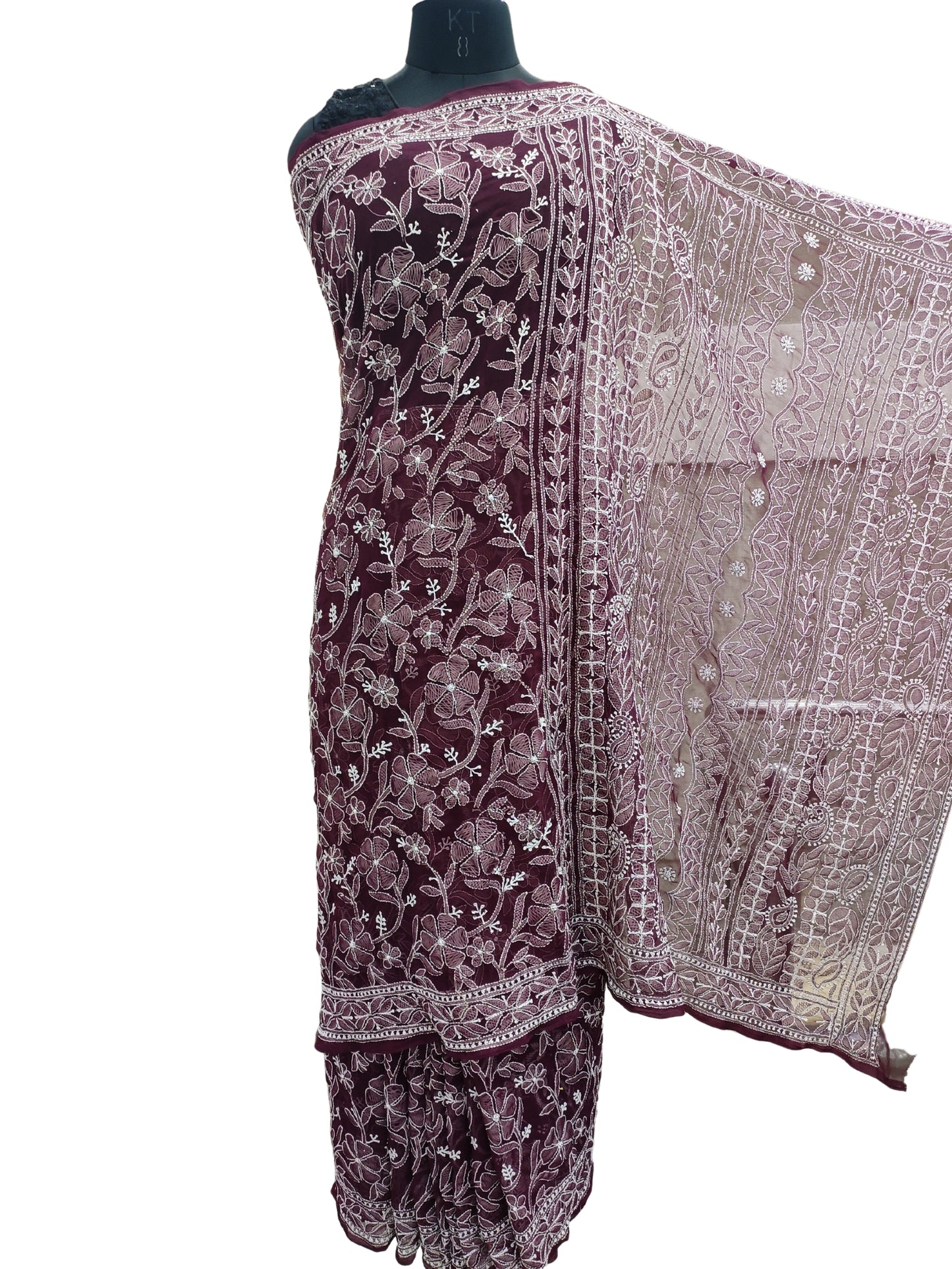 Shyamal Chikan Hand Embroidered Wine Georgette Lucknowi Chikankari Full Jaal Saree With Blouse Piece - S19794
