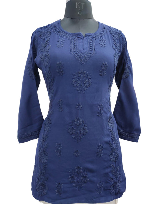 Shyamal Chikan Hand Embroidered Royal Blue Soft Cotton Lucknowi Chikankari Short Top- S19938