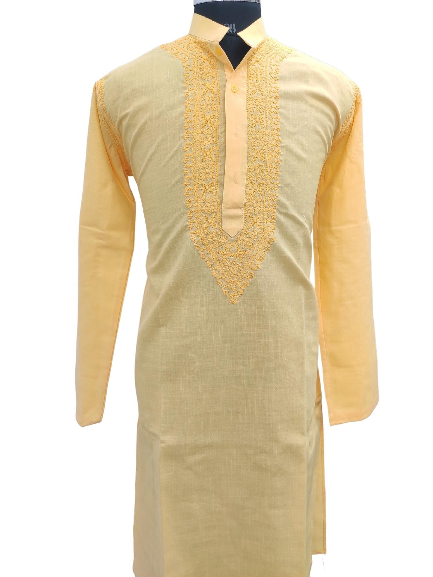 Shyamal Chikan Hand Embroidered Yellow Cotton Lucknowi Chikankari Men's Kurta – S12955