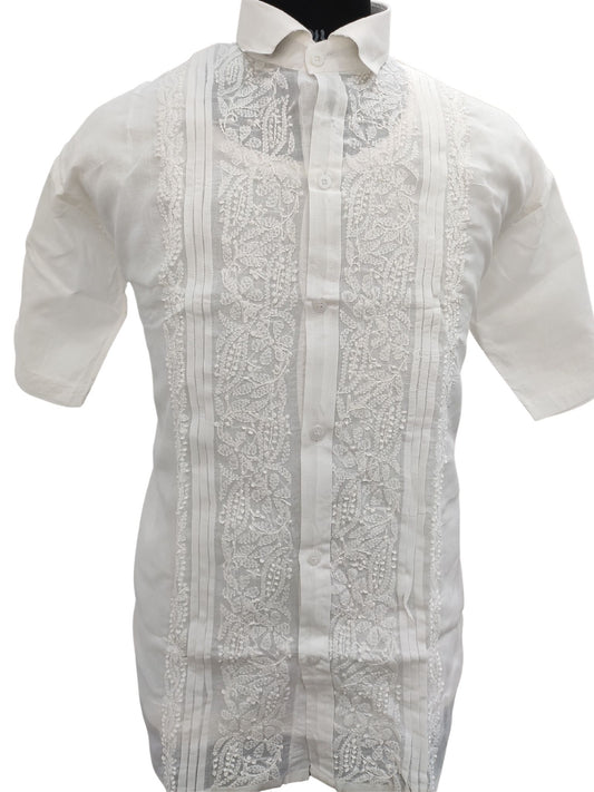 Shyamal Chikan Hand Embroidered White Cotton Lucknowi Chikankari Men's Shirt With Pintex Work – Shyamal Chikan Hand Embroidered White Cotton Lucknowi Chikankari Men's Shirt With Pintex Work – S15468