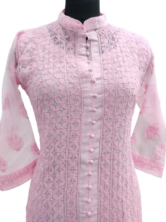 Shyamal Chikan Hand Embroidered Pink Georgette Lucknowi Chikankari Kurti- S1804