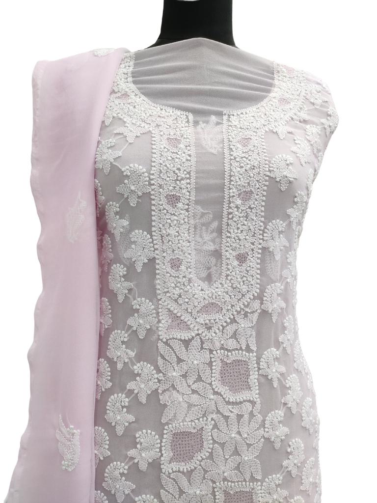 Shyamal Chikan Hand Embroidered Pink Georgette Lucknowi Chikankari Unstitched Suit Piece With Jaali Work - S15175