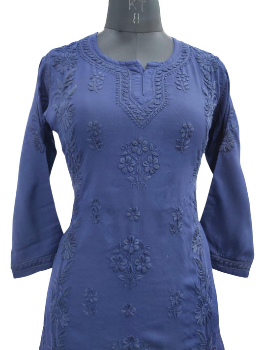 Shyamal Chikan Hand Embroidered Royal Blue Soft Cotton Lucknowi Chikankari Short Top- S19938