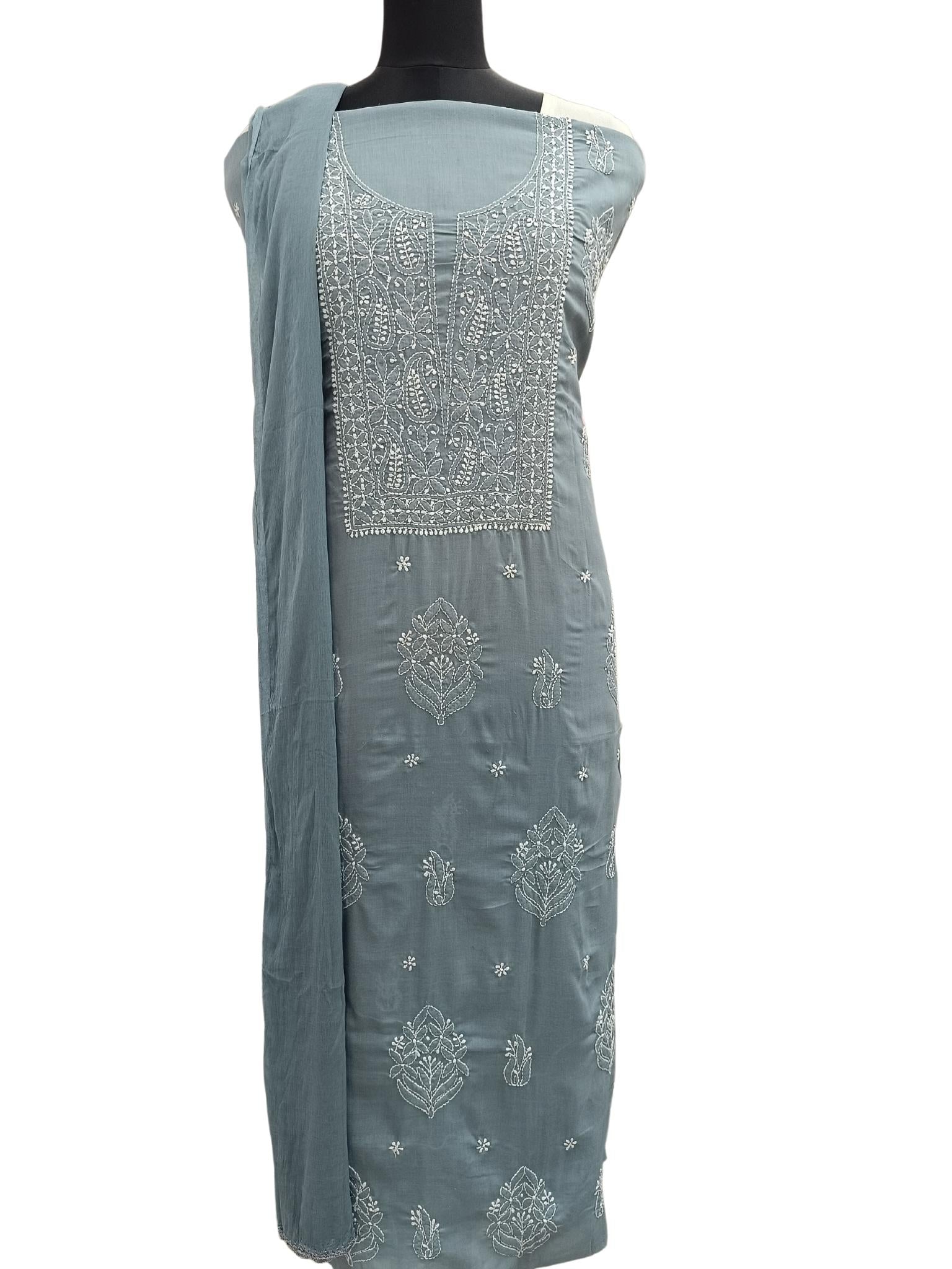 Shyamal Chikan Hand Embroidered Grey Cotton Lucknowi Chikankari Unstitched Suit Piece S19406