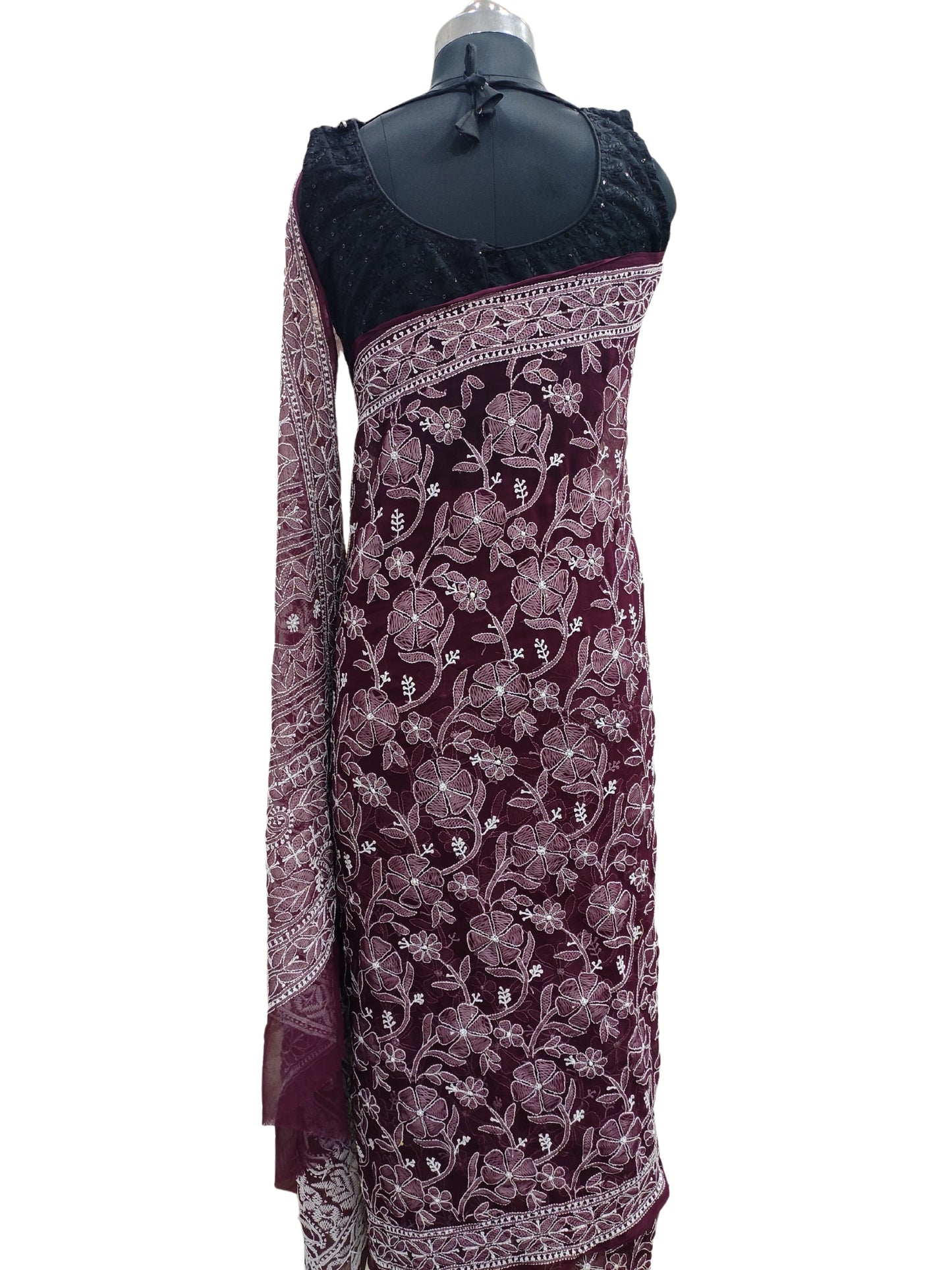 Shyamal Chikan Hand Embroidered Wine Georgette Lucknowi Chikankari Full Jaal Saree With Blouse Piece - S19794