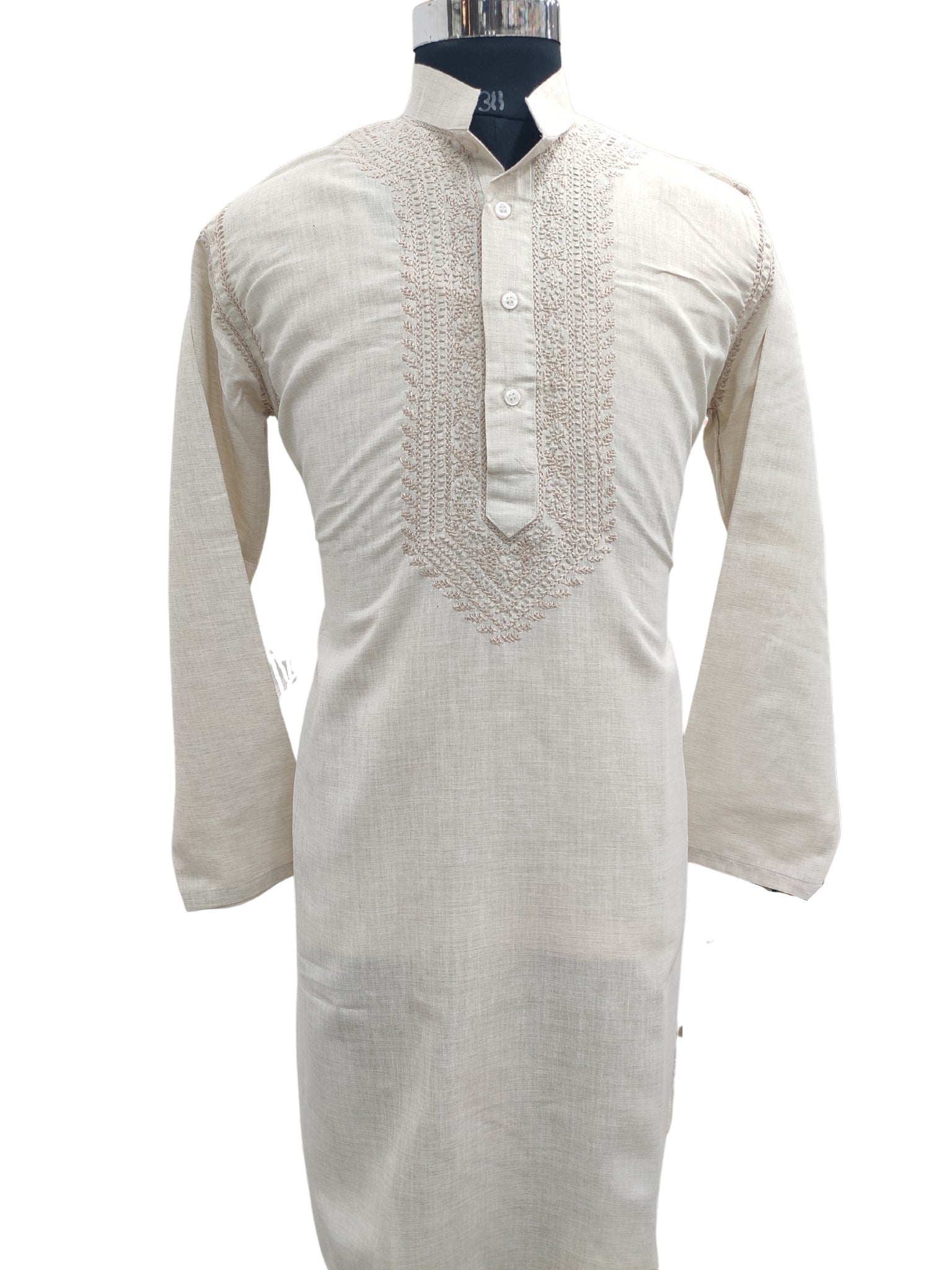 Shyamal Chikan Hand Embroidered Fawn Cotton Lucknowi Chikankari Men's Kurta – S19879