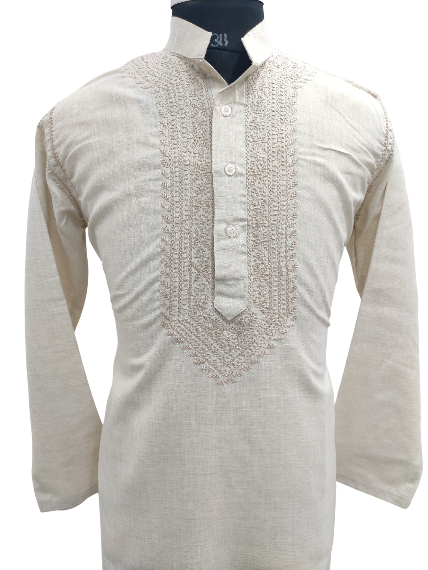 Shyamal Chikan Hand Embroidered Fawn Cotton Lucknowi Chikankari Men's Kurta – S19879