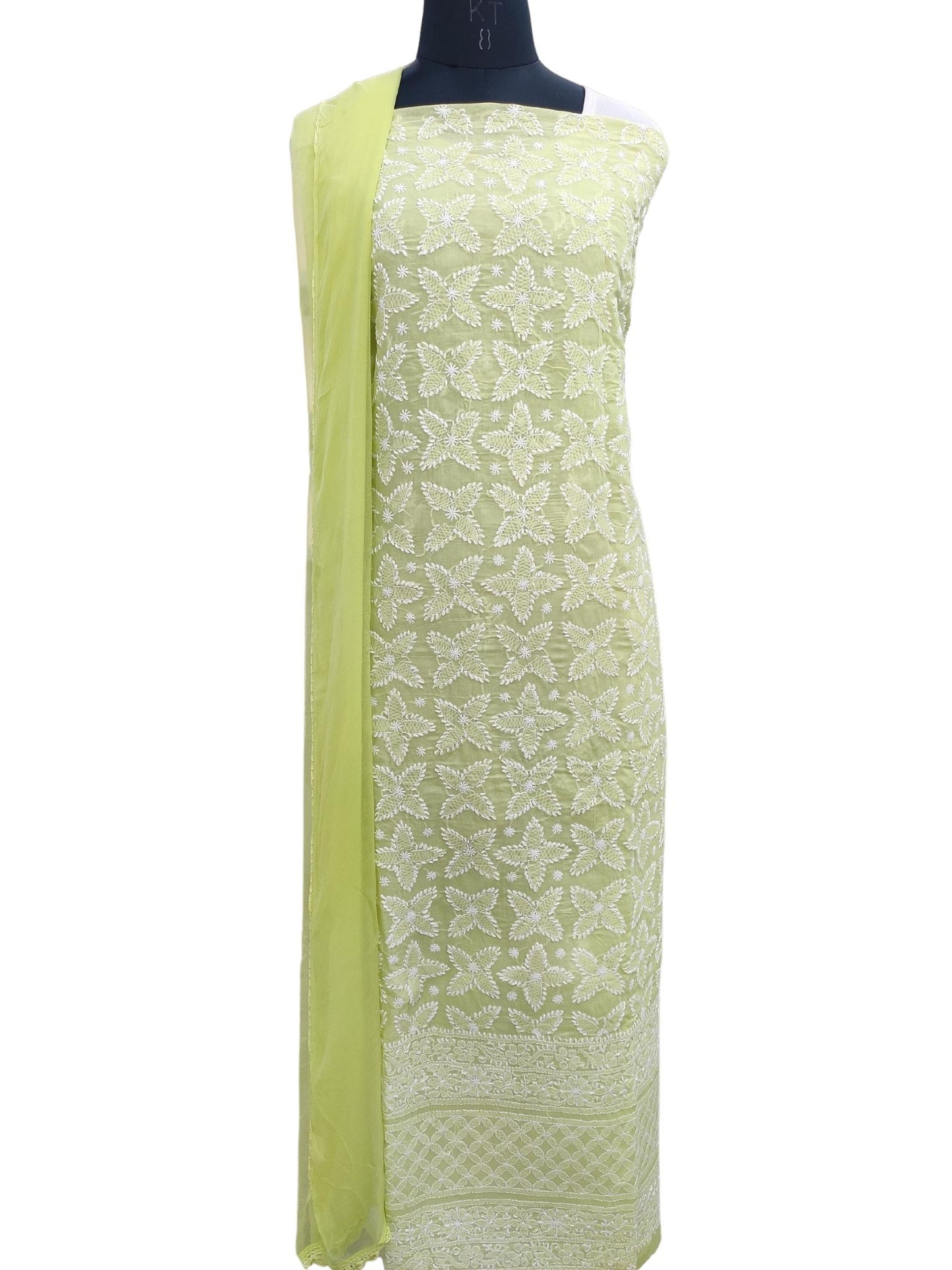 Shyamal Chikan Hand Embroidered Green Cotton Lucknowi Chikankari Unstitched Suit Piece- S18315