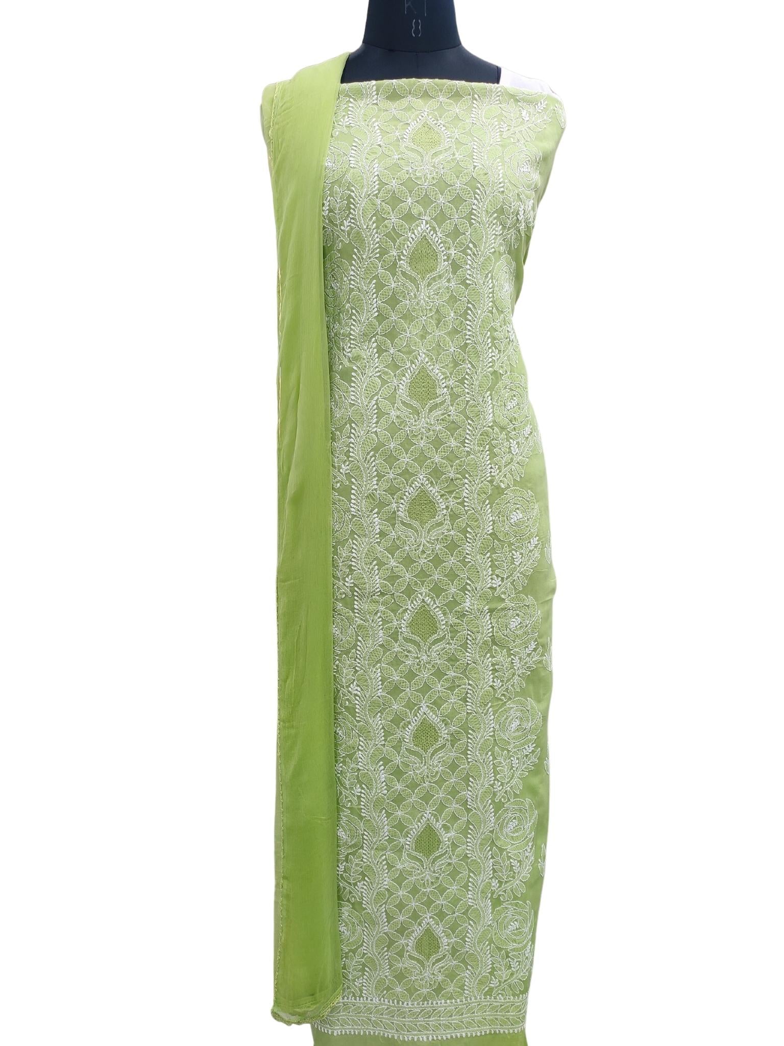 Shyamal Chikan Hand Embroidered Green Cotton Lucknowi Chikankari Unstitched Suit Piece with Jaali work- S18325