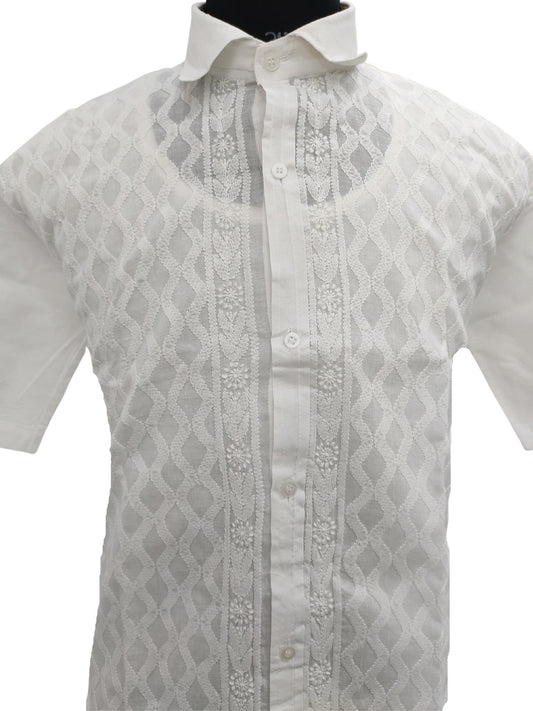 Shyamal Chikan Hand Embroidered White Cotton Lucknowi Chikankari Men's Shirt – S16826