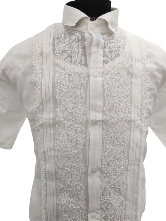 Shyamal Chikan Hand Embroidered White Cotton Lucknowi Chikankari Men's Shirt With Pintex Work – S15468