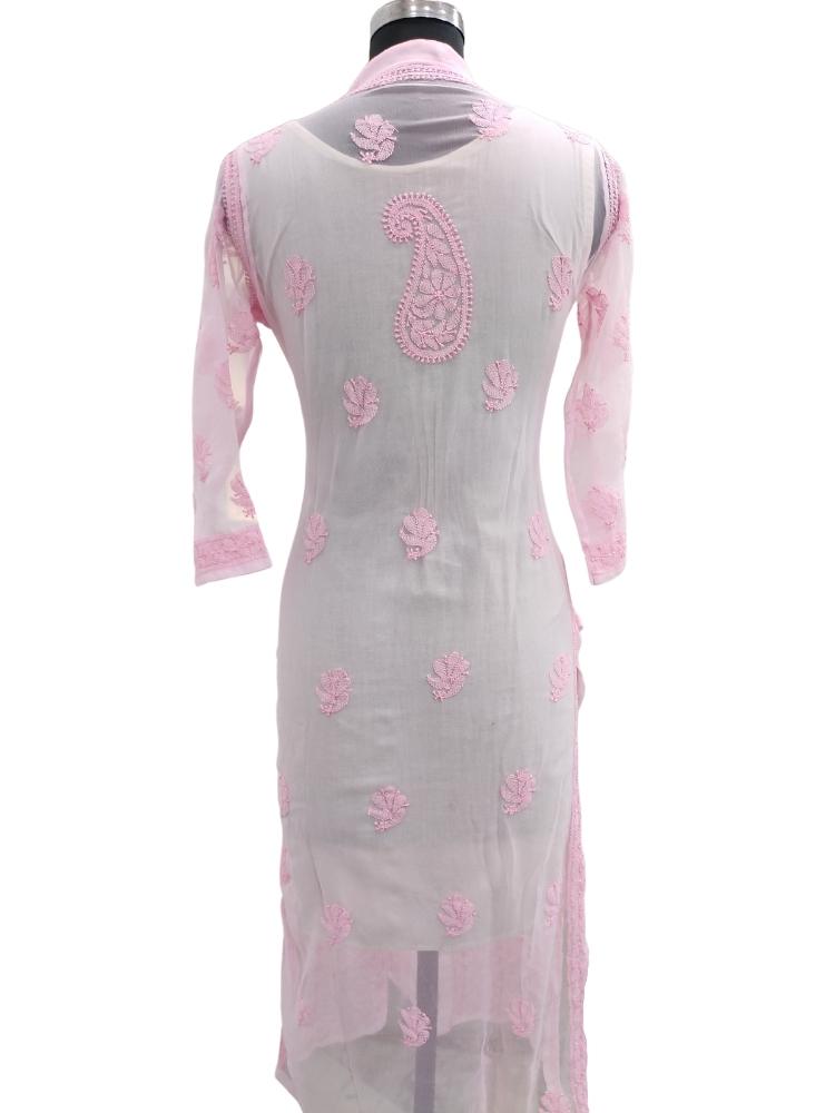 Shyamal Chikan Hand Embroidered Pink Georgette Lucknowi Chikankari Kurti- S1804