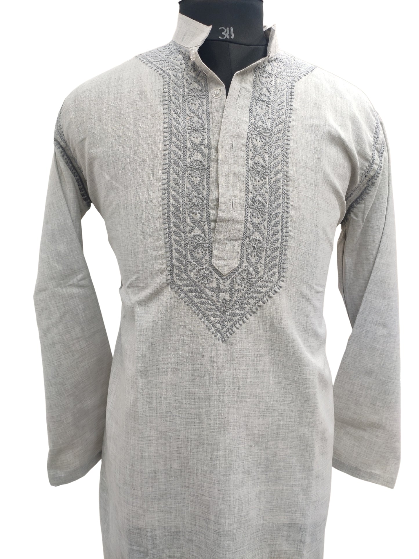 Shyamal Chikan Hand Embroidered Grey Cotton Lucknowi Chikankari Men's Kurta – S19864