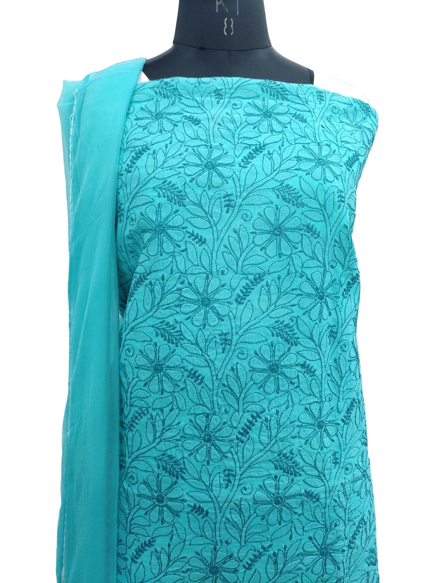 Shyamal Chikan Hand Embroidered Blue Cotton Lucknowi Chikankari Unstitched Suit Piece- S18317