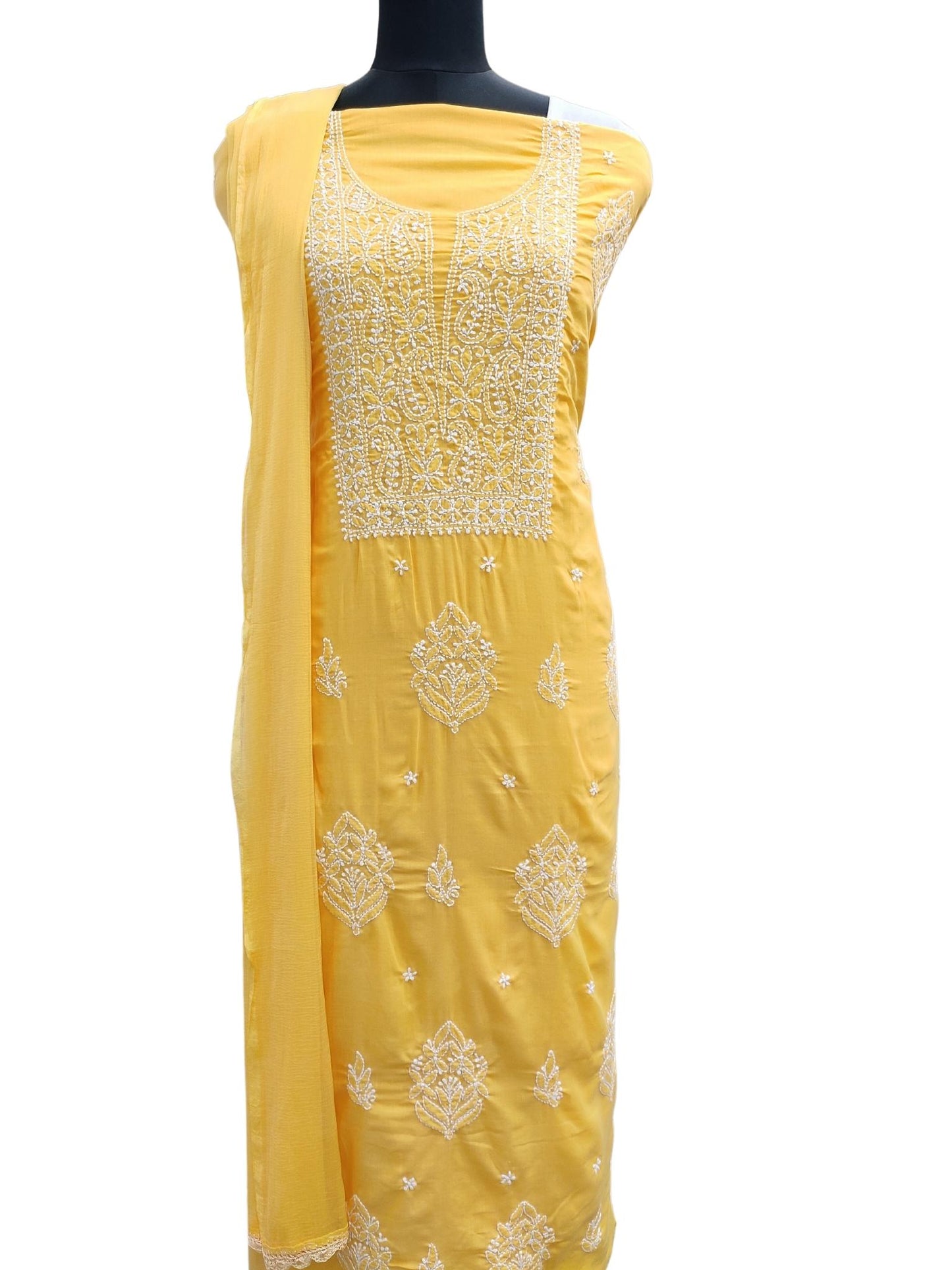 Shyamal Chikan Hand Embroidered Yellow Cotton Lucknowi Chikankari Unstitched Suit Piece S19432