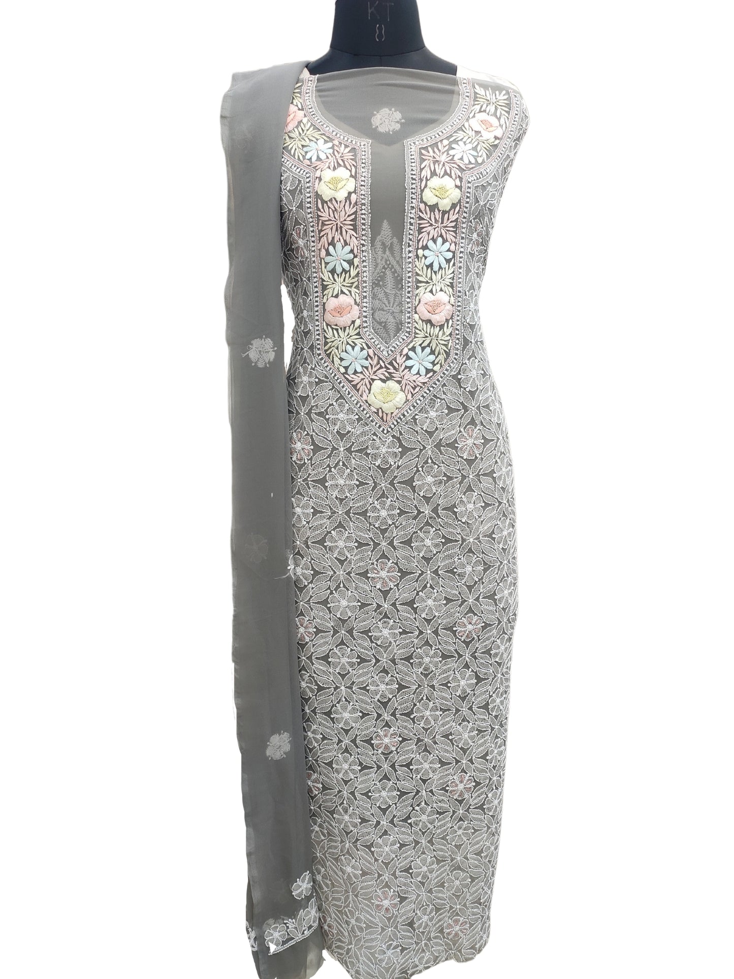 Shyamal Chikan Hand Embroidered Grey Georgette Lucknowi Chikankari Unstitched Suit Piece With Parsi Work - S19799