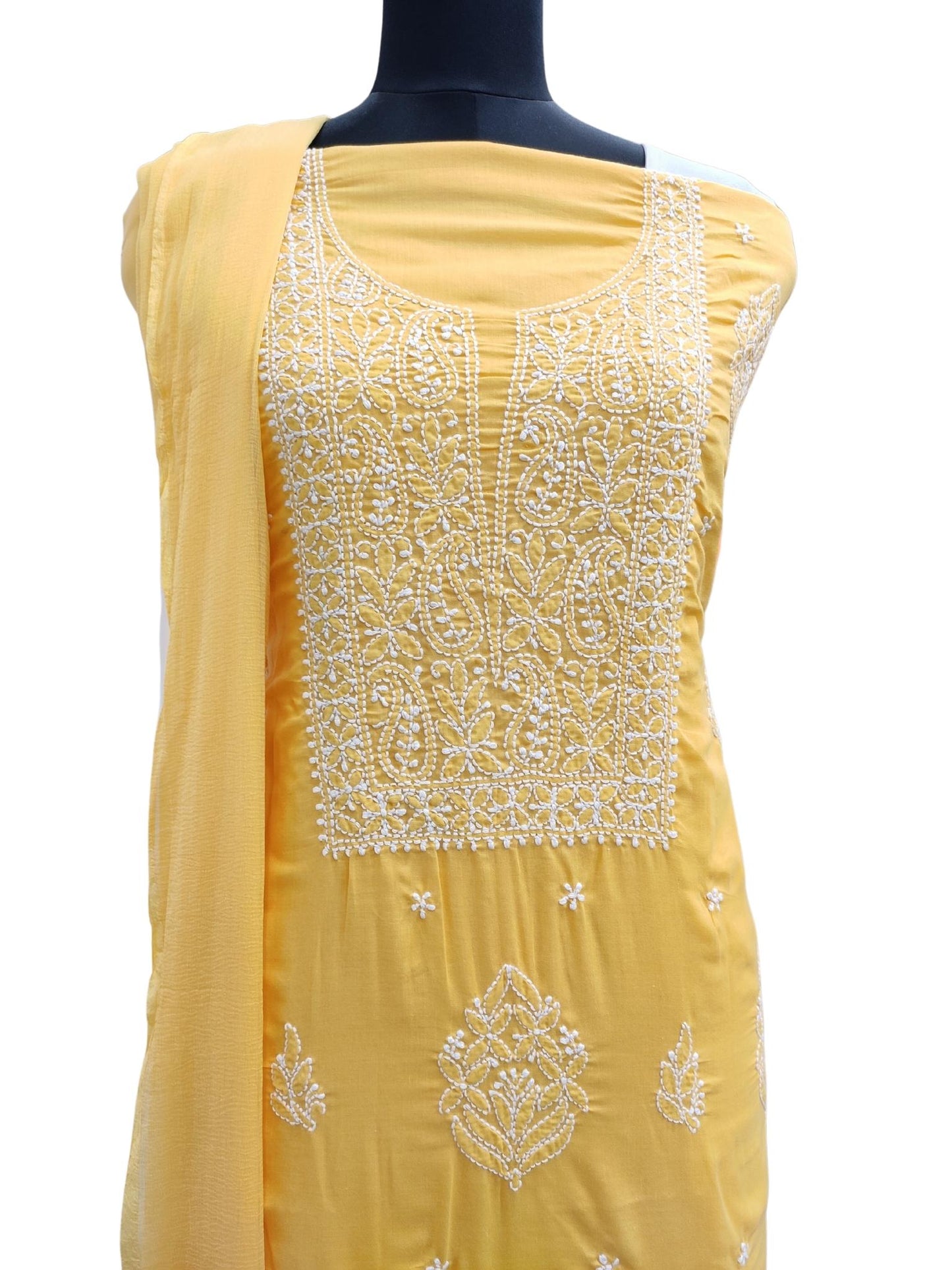 Shyamal Chikan Hand Embroidered Yellow Cotton Lucknowi Chikankari Unstitched Suit Piece S19432