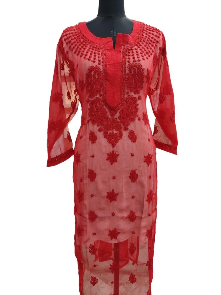 Shyamal Chikan Hand Embroidered Red Georgette Lucknowi Chikankari Kurti - S12539