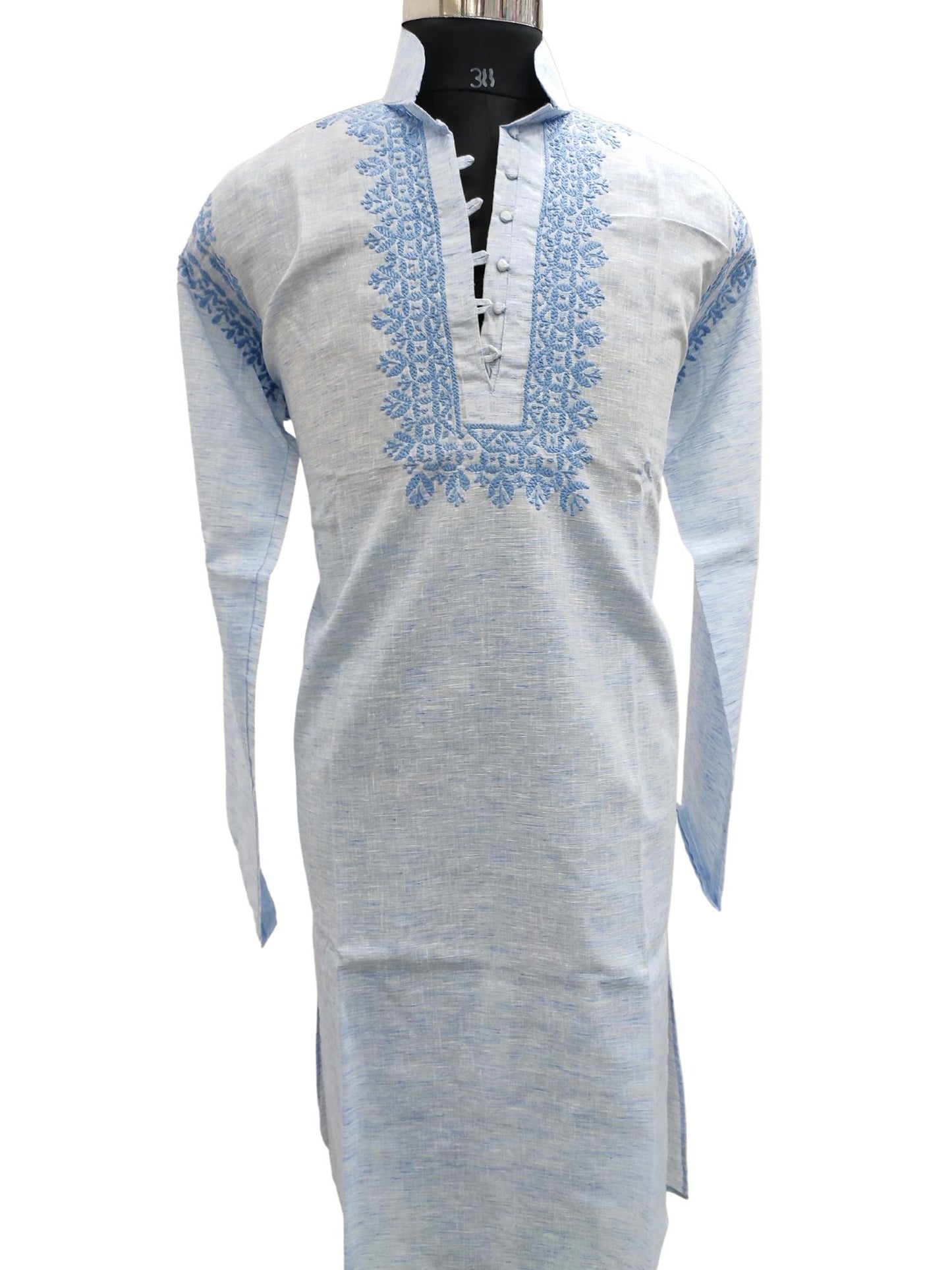Shyamal Chikan Hand Embroidered Hand Blue Cotton Lucknowi Chikankari Men's Kurta – S1386