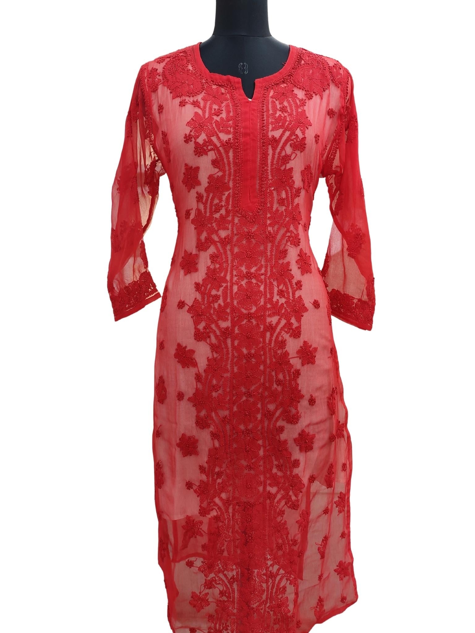 Shyamal Chikan Hand Embroidered Red Georgette Lucknowi Chikankari Kurti - S16450