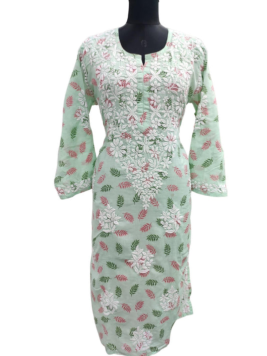 Shyamal Chikan Hand Embroidered Green Printed Cotton Lucknowi Chikankari Kurti- S16566