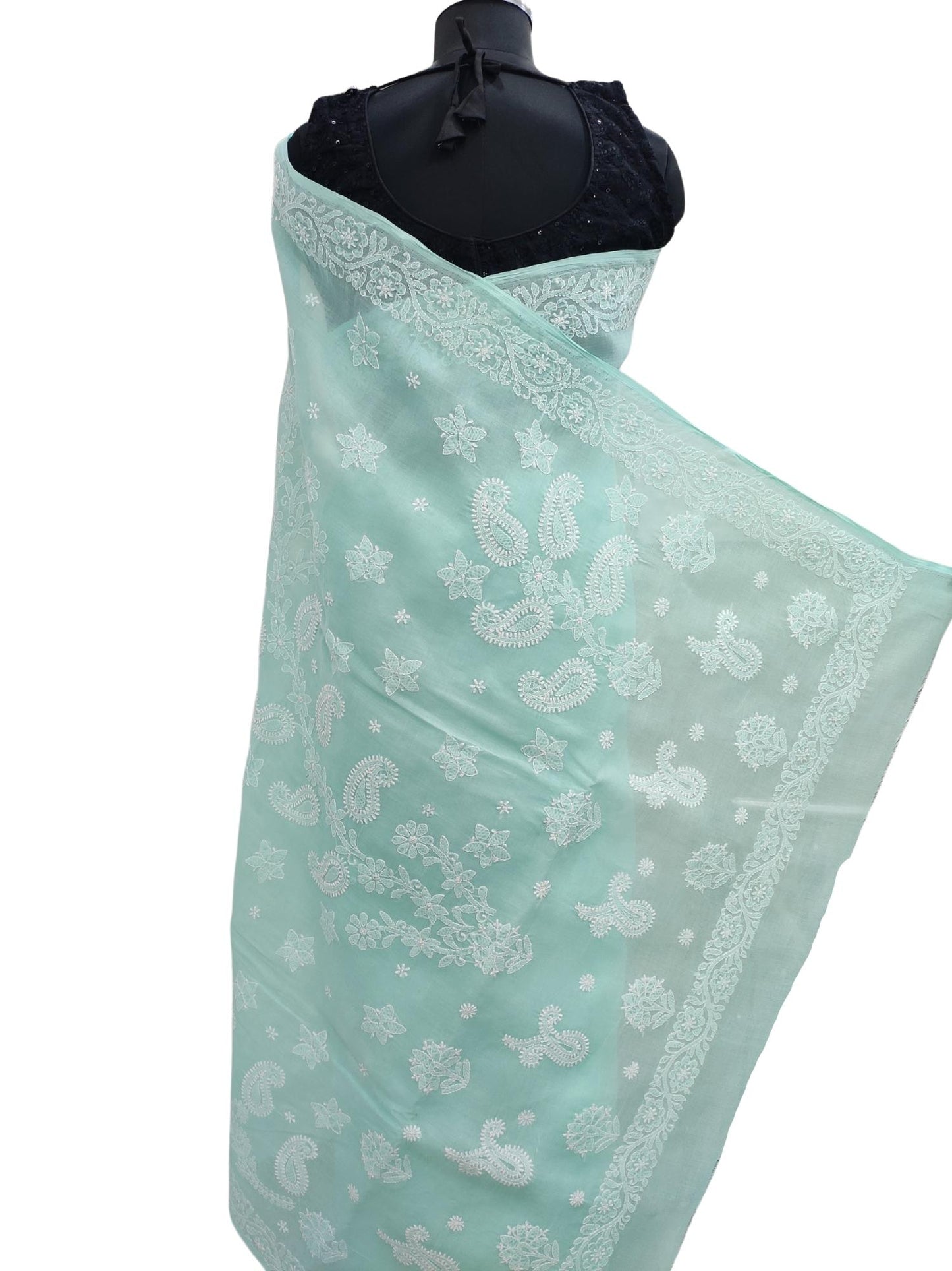 Shyamal Chikan Hand Embroidered Sea Green Cotton Lucknowi Chikankari Saree With Blouse Piece- S13921