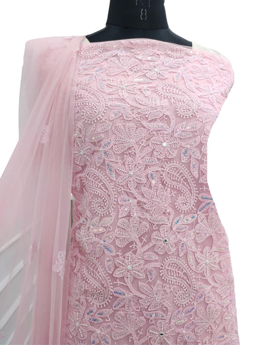 Shyamal Chikan Hand Embroidered  Pink Tissue Net Lucknowi Chikankari Unstitched Suit Piece ( Kurta Dupatta Set ) With Pearl And Sequin Work - S6995