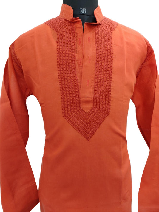 Shyamal Chikan Hand Embroidered Red Cotton Lucknowi Chikankari Men's Kurta – S17277