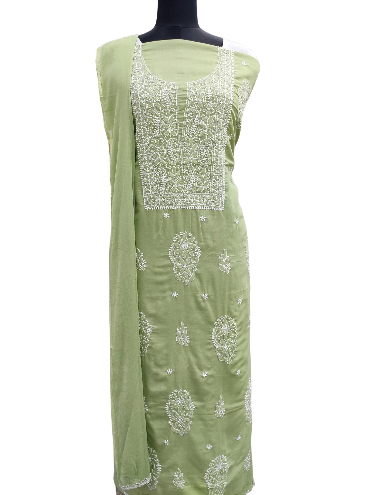 Shyamal Chikan Hand Embroidered Green Cotton Lucknowi Chikankari Unstitched Suit Piece S19402