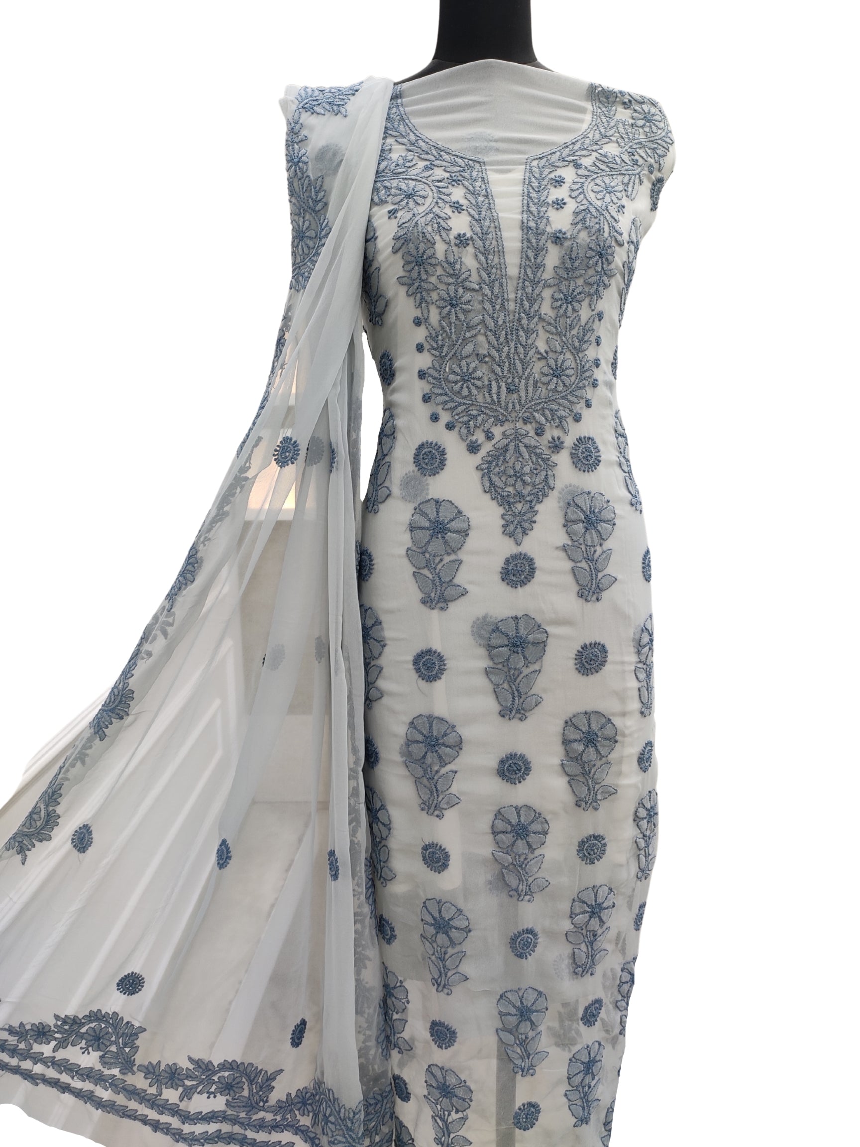Shyamal Chikan Hand Embroidered Grey High Quality Georgette Lucknowi Chikankari Unstitched Suit Piece With Four Side Border Dupatta - S12402
