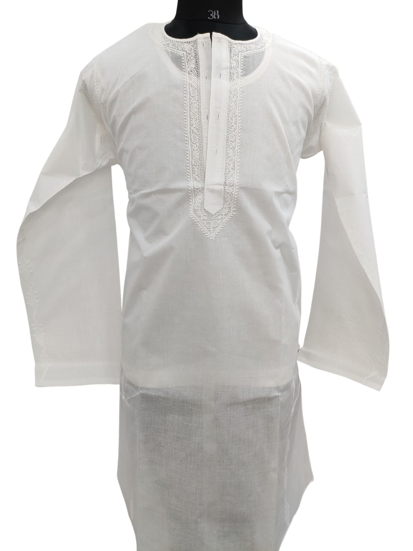 Shyamal Chikan Hand Embroidered White Cotton Lucknowi Chikankari Men's Kurta With Daraz Work – S15527