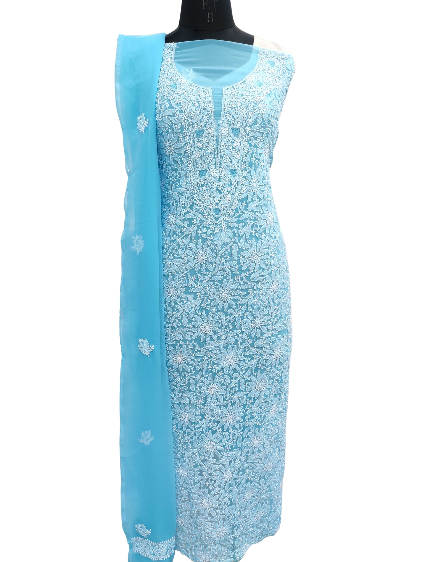 Shyamal Chikan Hand Embroidered Blue Georgette Lucknowi Chikankari Unstitched Suit Piece - S18294
