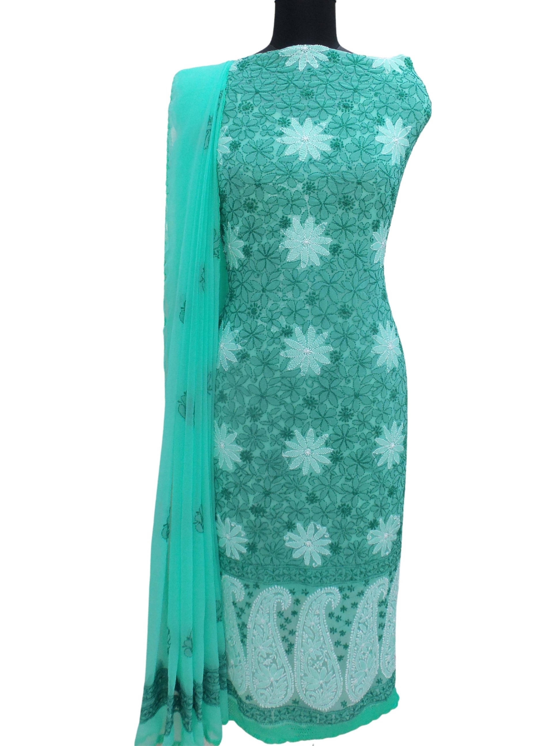 Shyamal Chikan Hand Embroidered Green Georgette Lucknowi Chikankari Unstitched Suit Piece With Crosia Work - S3713