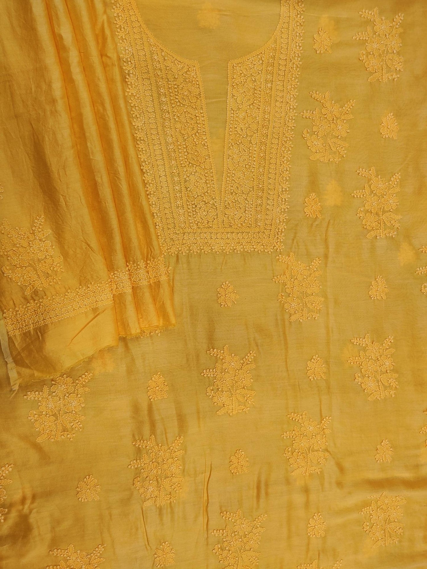 Shyamal Chikan Hand Embroidered Yellow Pure Chanderi Silk Lucknowi Chikankari Unstitched Suit Piece ( Kurta Dupatta Set ) - S13962
