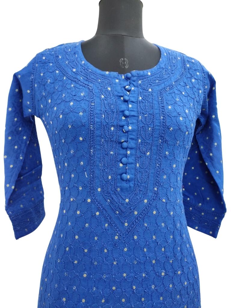 Shyamal Chikan Hand Embroidered Blue Rayon Cotton Lucknowi Chikankari Kurti- S8064