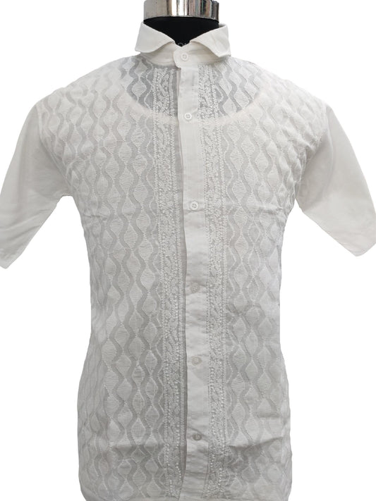 Shyamal Chikan Hand Embroidered White Cotton Lucknowi Chikankari Men's Shirt – S16822
