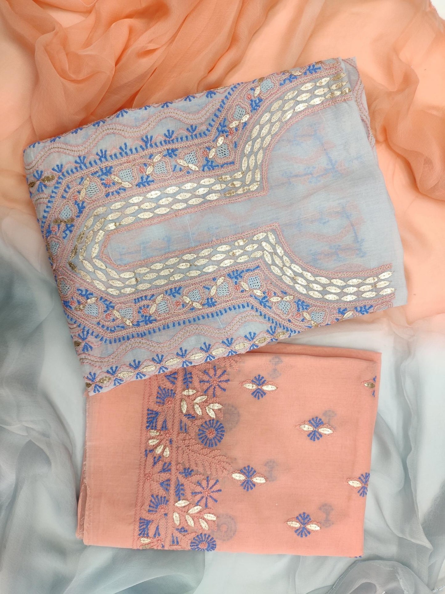 Shyamal Chikan Hand Embroidered Blue Cotton Lucknowi Chikankari Unstitched Suit Piece With Gotta Patti Work - S15638