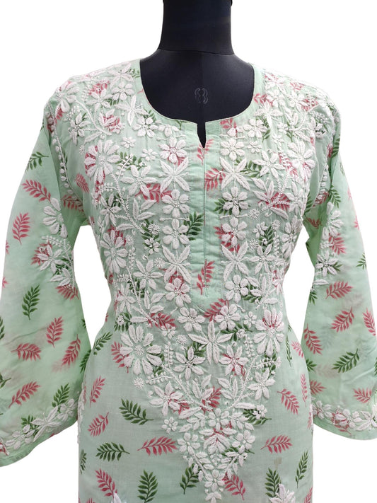 Shyamal Chikan Hand Embroidered Green Printed Cotton Lucknowi Chikankari Kurti With Pockets - S16566