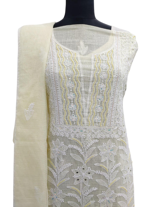 Shyamal Chikan Hand Embroidered Lemon Kota Cotton Lucknowi Chikankari Unstitched Suit Piece With Pearl Work ( Kurta Dupatta Set ) - S16612