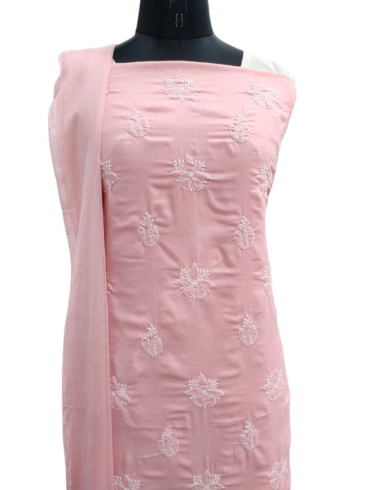 Shyamal Chikan Hand Embroidered Peach Cotton Lucknowi Chikankari Unstitched Suit Piece S19450