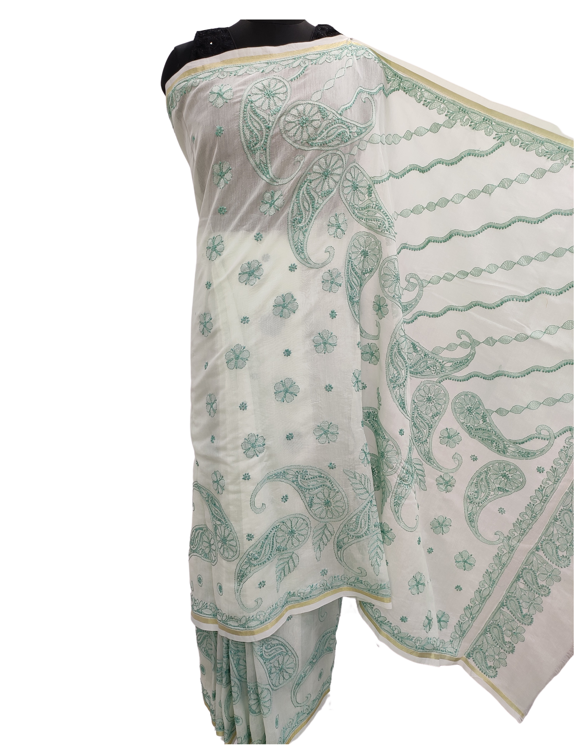 Shyamal Chikan Hand Embroidered Green Cotton Lucknowi Chikankari Skirt Saree With Blouse Piece - S10856